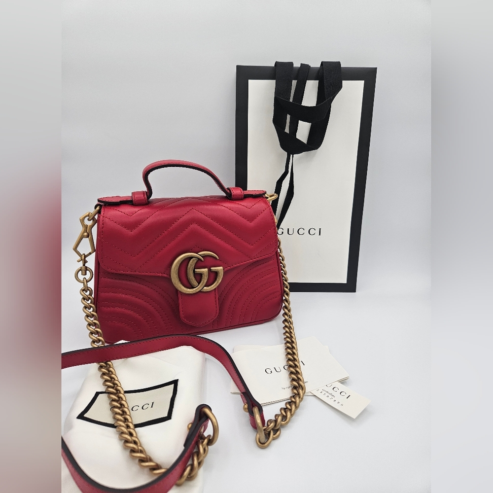 Gucci GG Marmont Mini Top Handle Flap Bag Matelasse Leather Red
